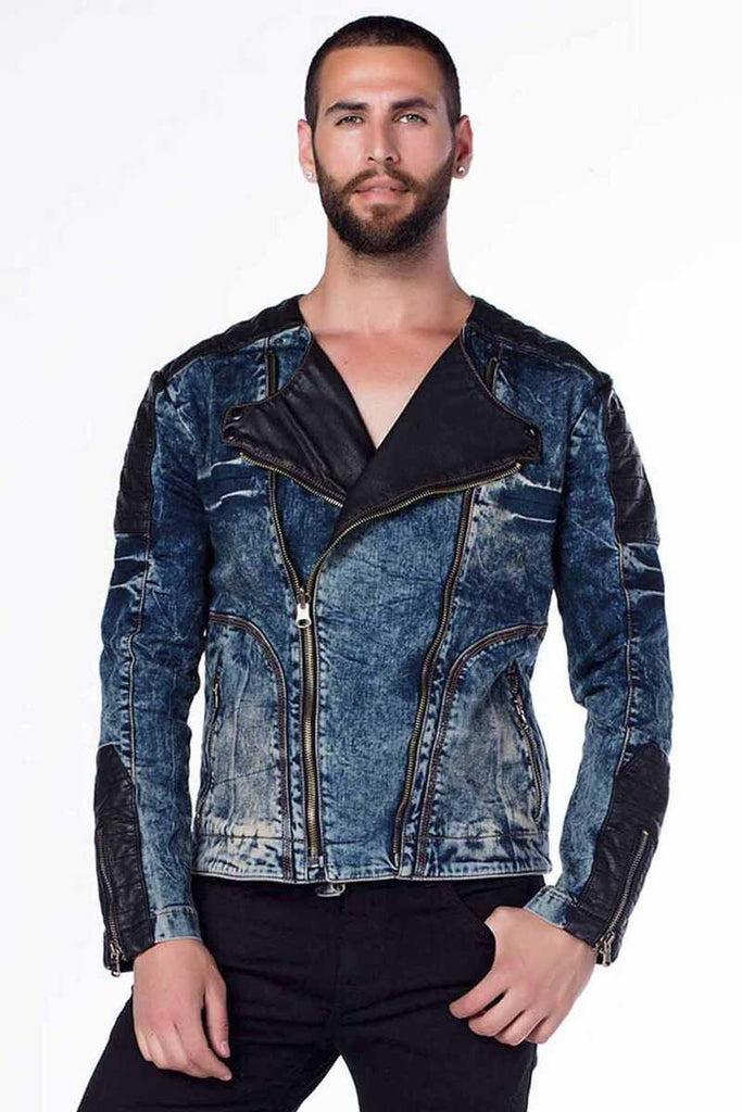 cipo & baxx CJ135 Dark Leather Detailed Biker Style Men's Denim Jacket BLUE