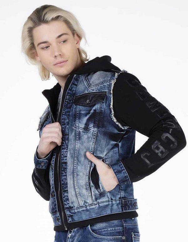 Cipo & Baxx CJ154 Combed Cotton Hooded Men's Denim Jacket With Sleeves BLUE