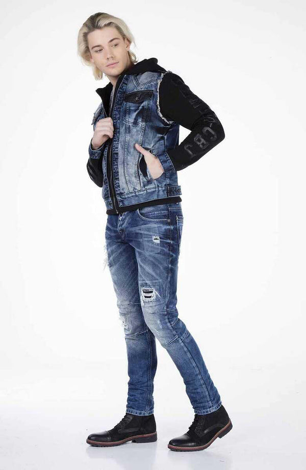 Cipo & Baxx CJ154 Combed Cotton Hooded Men's Denim Jacket With Sleeves BLUE