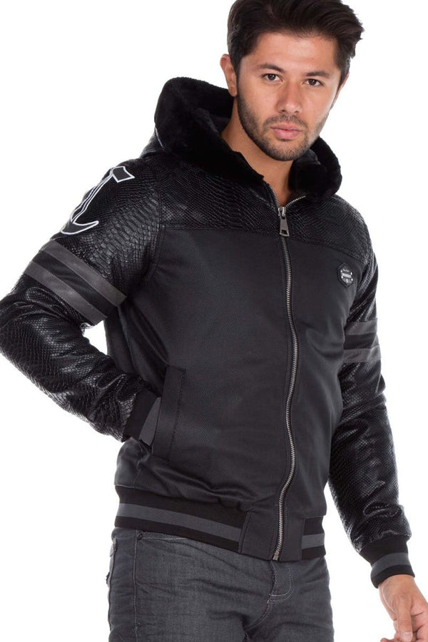 Cipo & Baxx CJ177 Logo Printed Hooded Leather Men's Coat BLACK