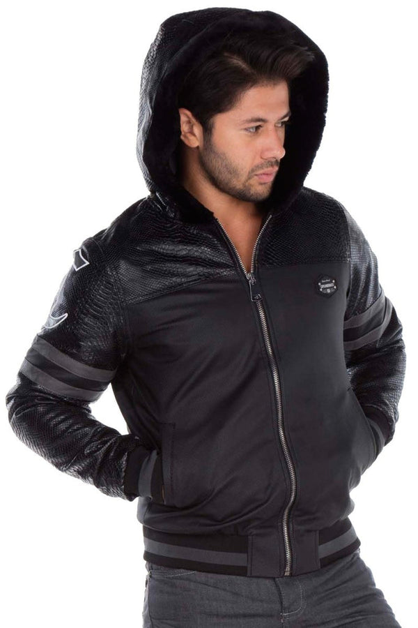 Cipo & Baxx CJ177 Logo Printed Hooded Leather Men's Coat BLACK