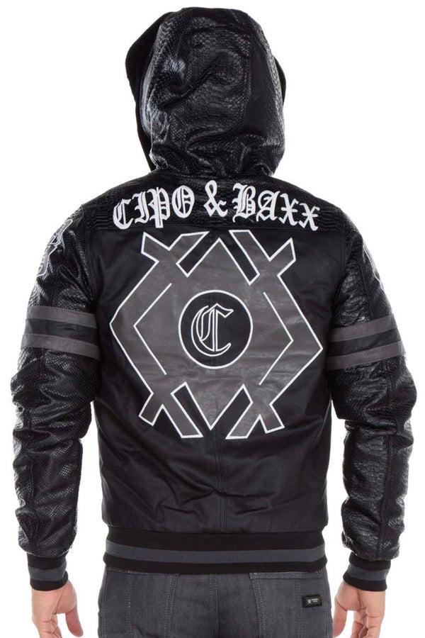Cipo & Baxx CJ177 Logo Printed Hooded Leather Men's Coat BLACK