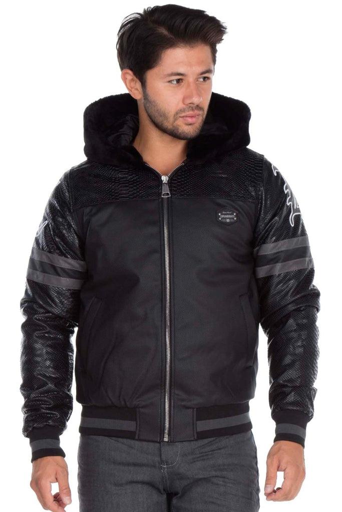 cipo & baxx CJ177 Logo Printed Hooded Leather Men's Coat BLACK