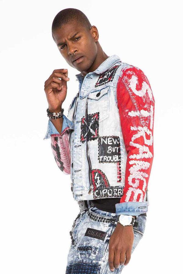 Cipo & Baxx CJ241 Handwriting Painting Zipper Denim Men's Jean Jacket ICEBLUE