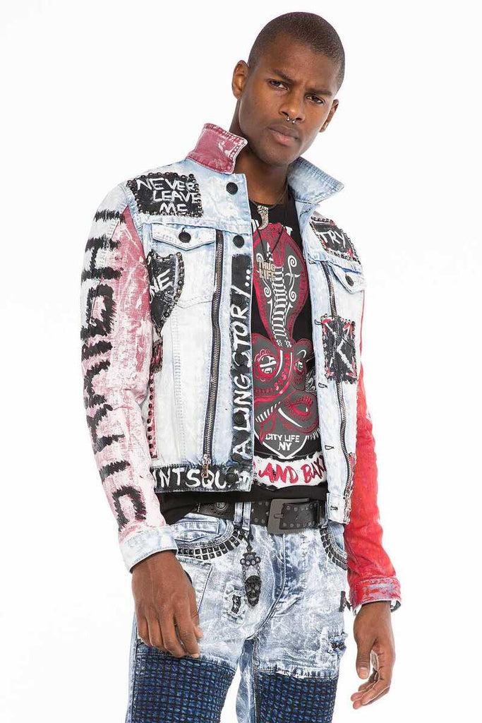 cipo & baxx CJ241 Handwriting Painting Zipper Denim Men's Jean Jacket ICEBLUE