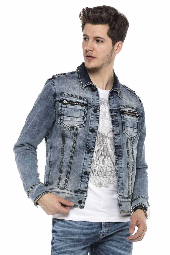 cipo & baxx CJ250 Street Style Metal Studded Slim Fit Denim Jacket BLUE