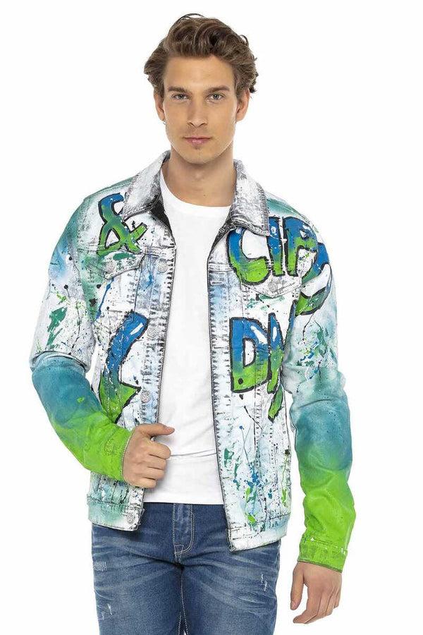 Cipo & Baxx CJ254 Neon Graffiti Painting Men's Denim Jacket GREEN-BLUE