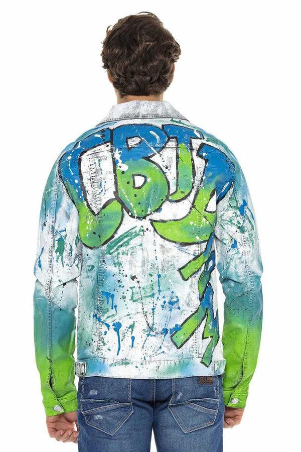 Cipo & Baxx CJ254 Neon Graffiti Painting Men's Denim Jacket GREEN-BLUE