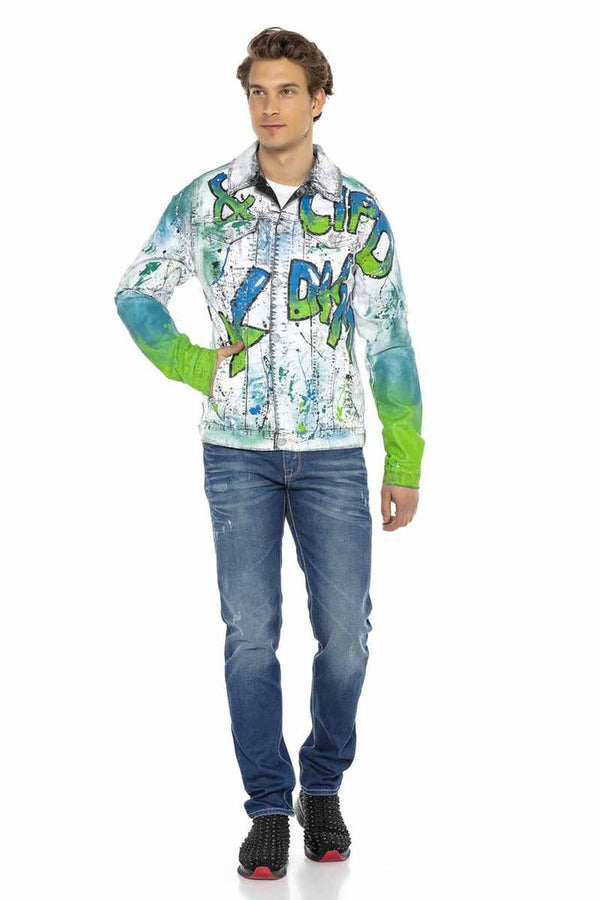 Cipo & Baxx CJ254 Neon Graffiti Painting Men's Denim Jacket GREEN-BLUE