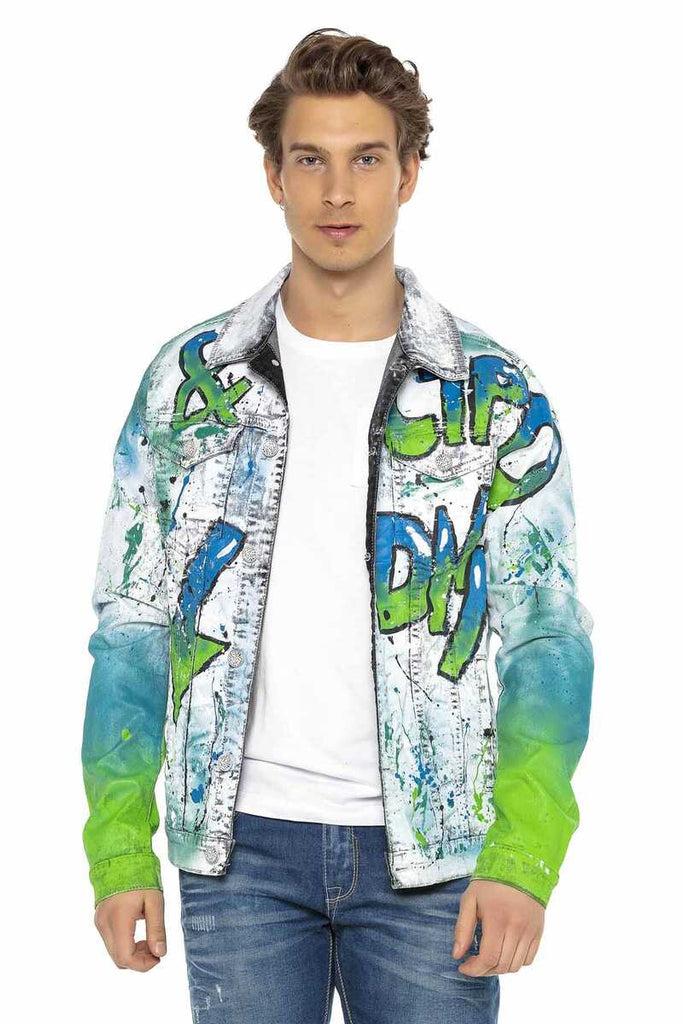 cipo & baxx CJ254 Neon Graffiti Painting Men's Denim Jacket GREEN-BLUE