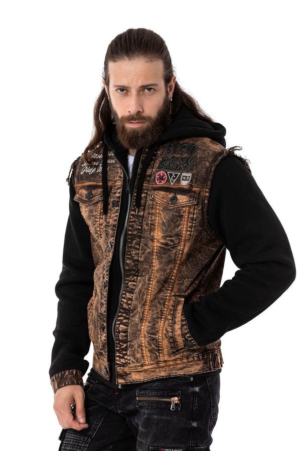 Cipo & Baxx CJ287 Vintage Combed Cotton Denim Biker Style Jacket BROWN