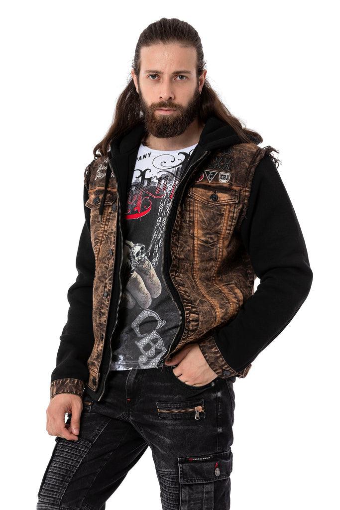cipo & baxx CJ287 Vintage Combed Cotton Denim Biker Style Jacket BROWN
