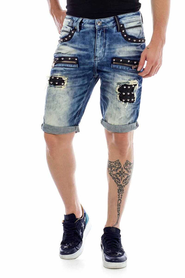 Cipo & Baxx CK181 Metal Embroidered Ripped Patch Denim Capri Shorts BLUE