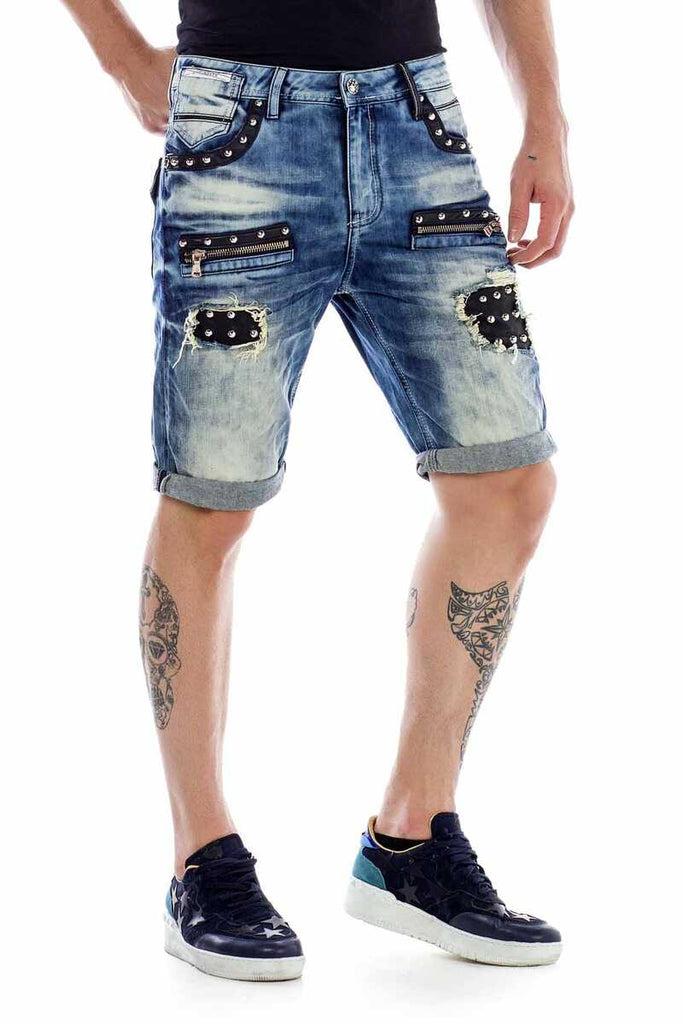 cipo & baxx CK181 Metal Embroidered Ripped Patch Denim Capri Shorts BLUE