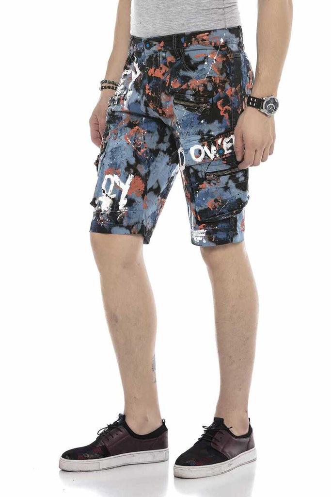 cipo & baxx CK204 All Hand Painted Men's Denim Capri Shorts BLUE