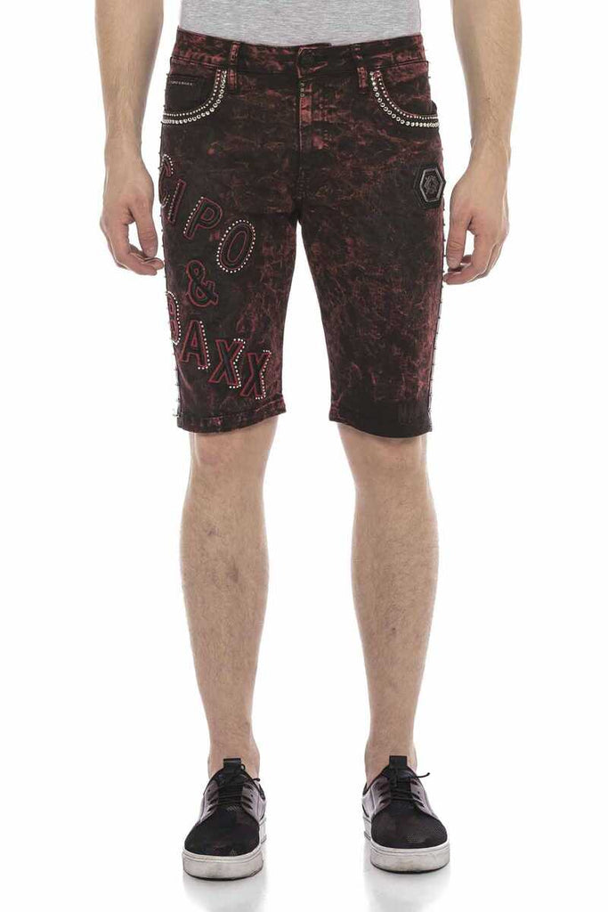 cipo & baxx CK207 Pied Shiny Metallic Denim Shorts BURGUNDY