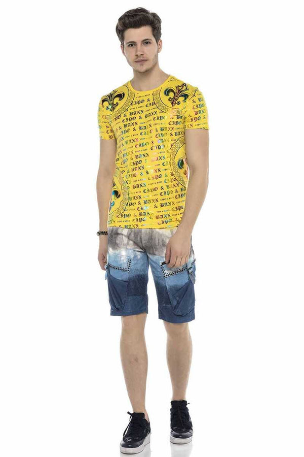 Cipo & Baxx CK211 Cargo Buckle Pocket Denim Capri Shorts YELLOW-BLUE