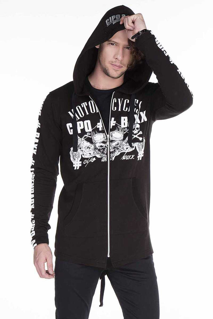 cipo & baxx CL239 Skull Printed Hooded Long Sweatshirt BLACK