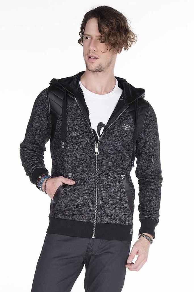 cipo & baxx CL251 Leather Piece Hooded Thin Men's Sweatshirt BLACK