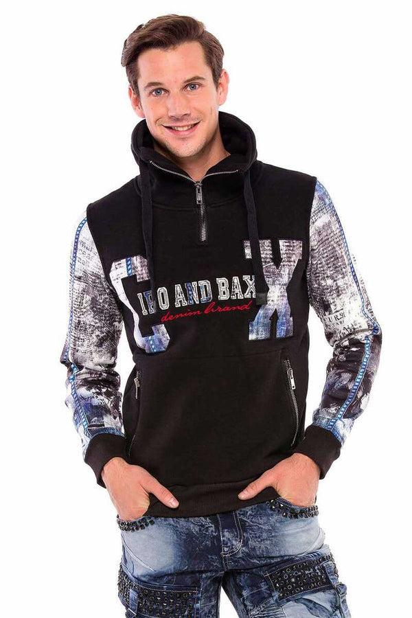 Cipo & Baxx CL366 Zippered Stand-Up Collar Printed Sleeve Men's Sweatshirt BLACK
