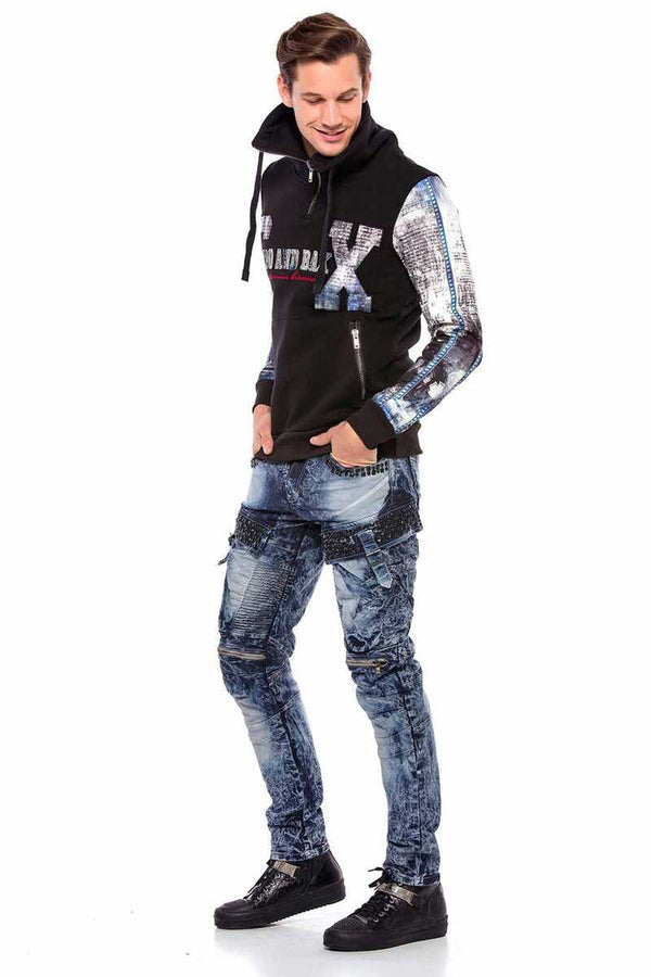 Cipo & Baxx CL366 Zippered Stand-Up Collar Printed Sleeve Men's Sweatshirt BLACK