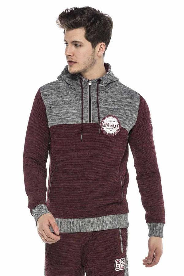 Cipo & Baxx CL372 Hooded Zippered Striped Thin Sports Sweatshirt BURGUNDY-GREY