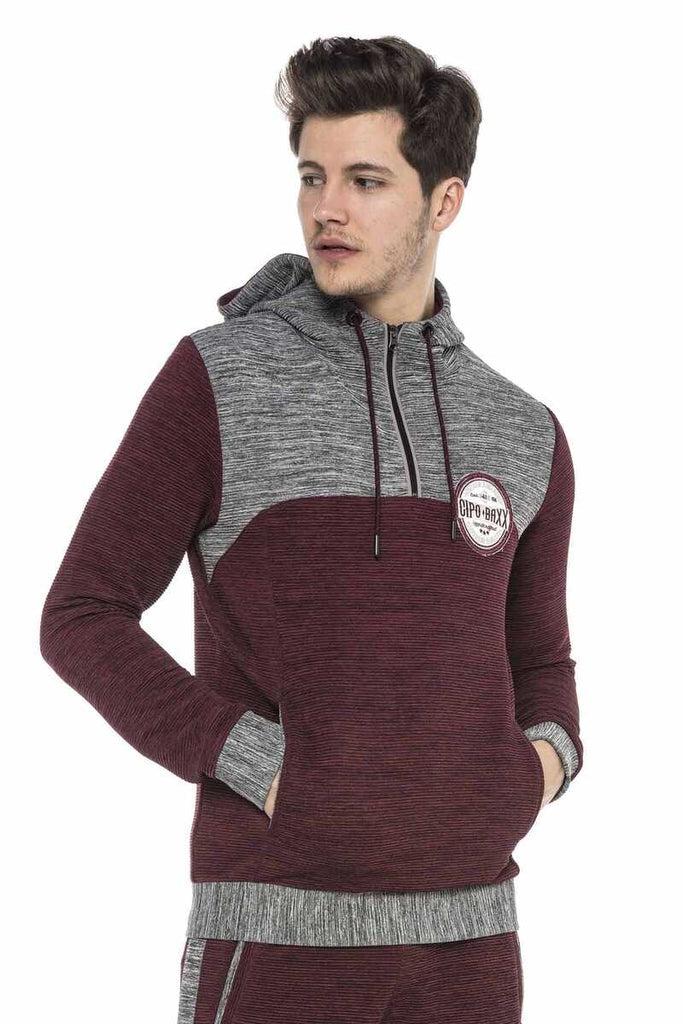 cipo & baxx CL372 Hooded Zippered Striped Thin Sports Sweatshirt BURGUNDY-GREY