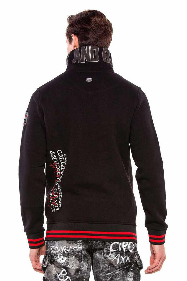 Cipo & Baxx CL377 Vertical Zipper Collar Written Embroidered Thick Sweatshirt BLACK