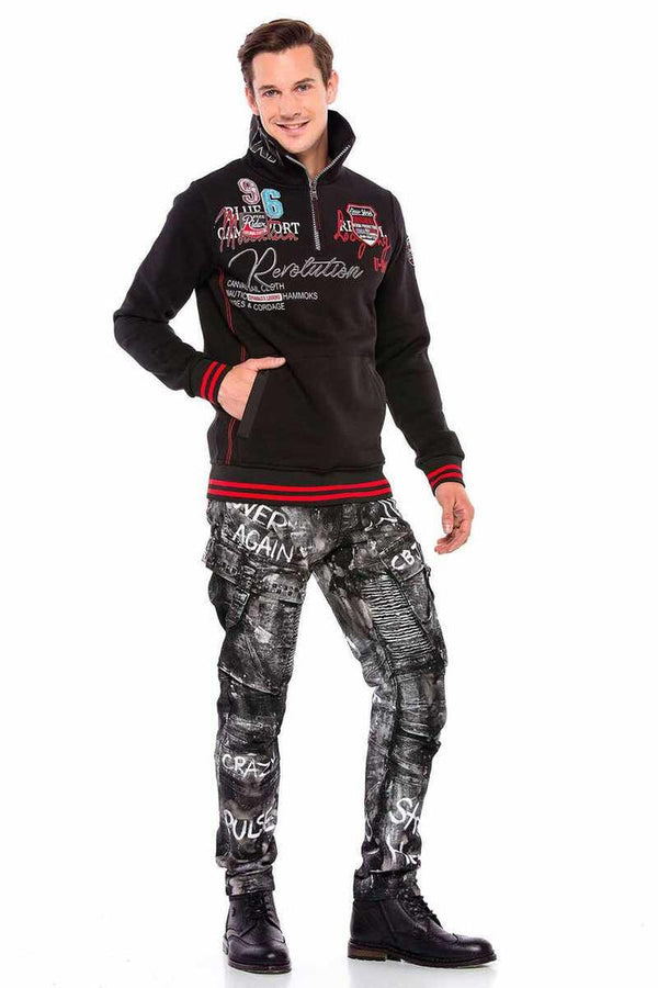 Cipo & Baxx CL377 Vertical Zipper Collar Written Embroidered Thick Sweatshirt BLACK