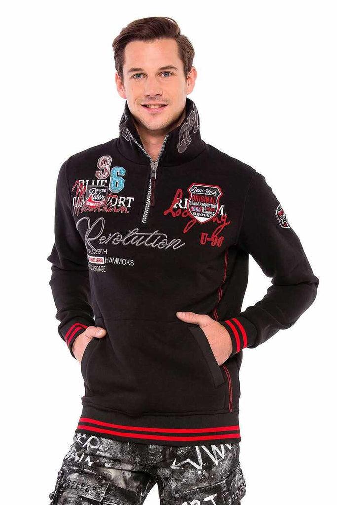 cipo & baxx CL377 Vertical Zipper Collar Written Embroidered Thick Sweatshirt BLACK