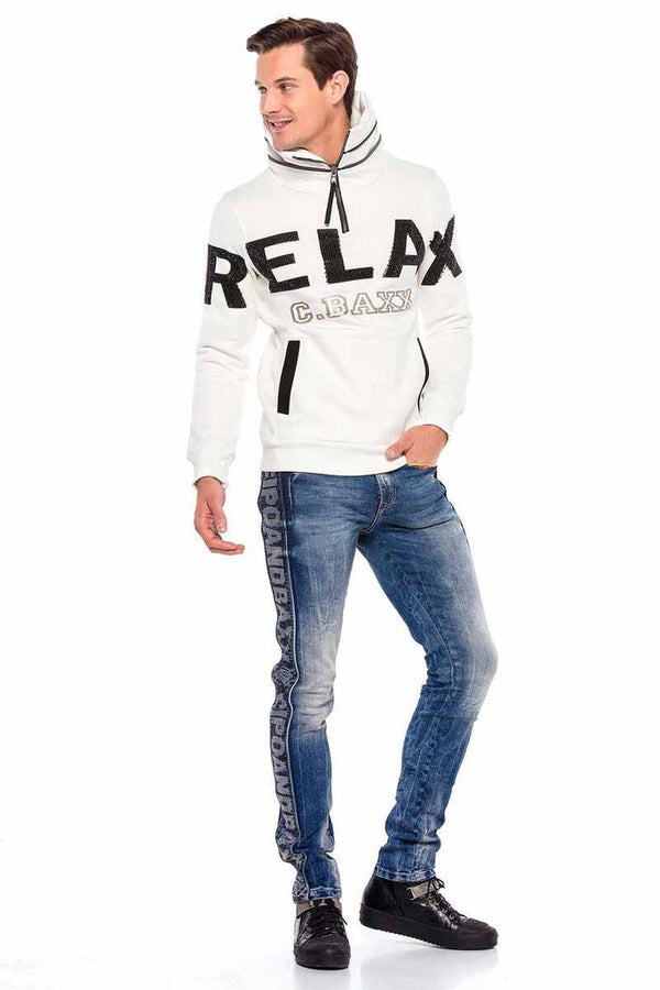 Cipo & Baxx CL385 Stone Relax Fit Stand-up Zipper Collar Thick Sweatshirt ECRU