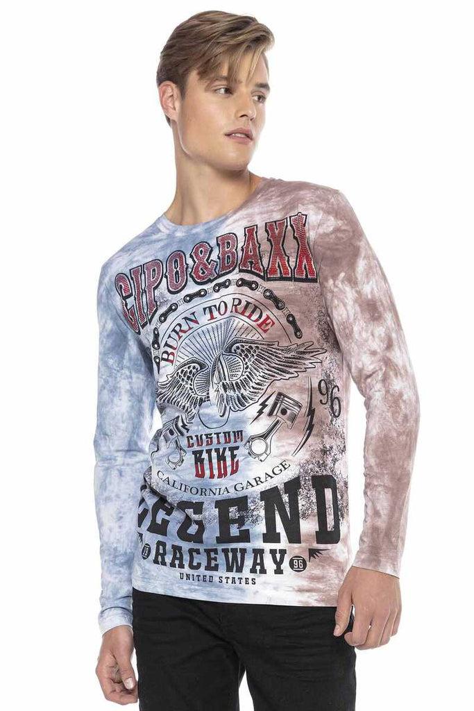 cipo & baxx CL410 Biker Style Printed Men's Long Sleeve T-Shirt BROWN-BLUE