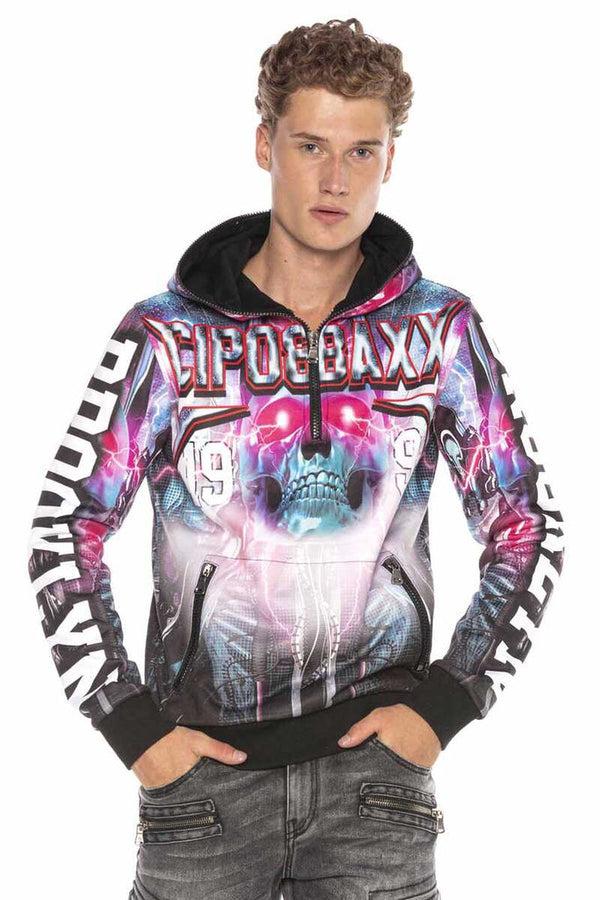 Cipo & Baxx CL416 Cyber Punk Skull Printed Hooded Sweatshirt CYBER-BLUE