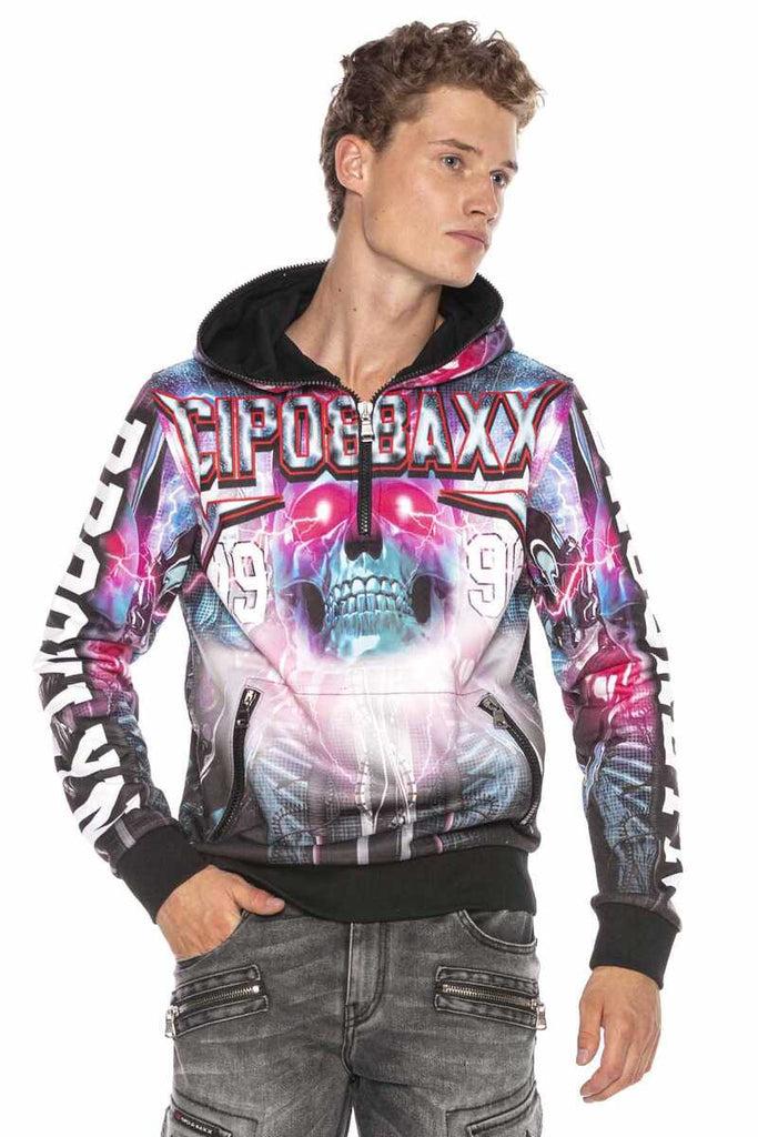 cipo & baxx CL416 Cyber Punk Skull Printed Hooded Sweatshirt CYBER-BLUE