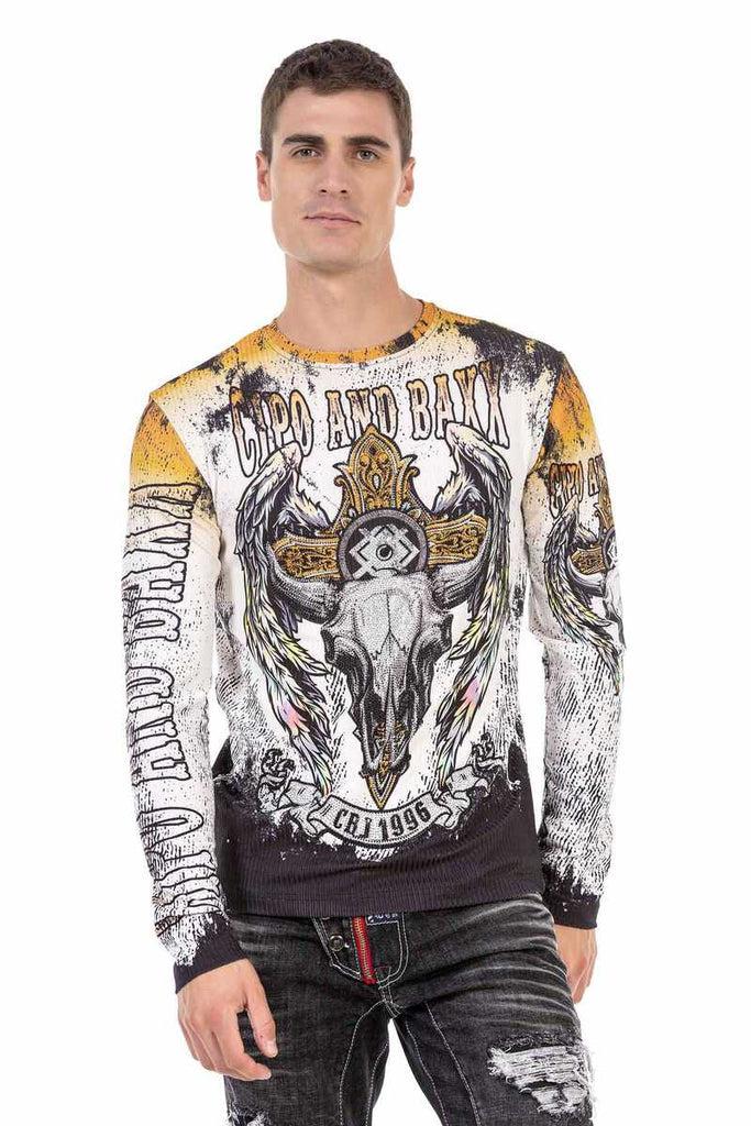 cipo & baxx CL492 Ecru Color Skull Printed Sweatshirt ECRU