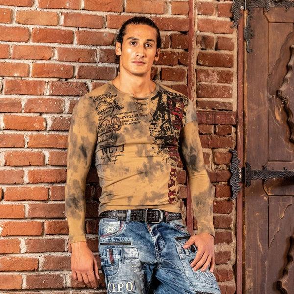 Cipo & Baxx CL524 V-Neck Patterned Sweatshirt MUSTARD