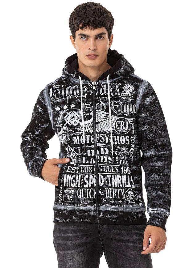 Cipo & Baxx CL544 Biker Style Printed Men's Zip Sweatshirt BLACK