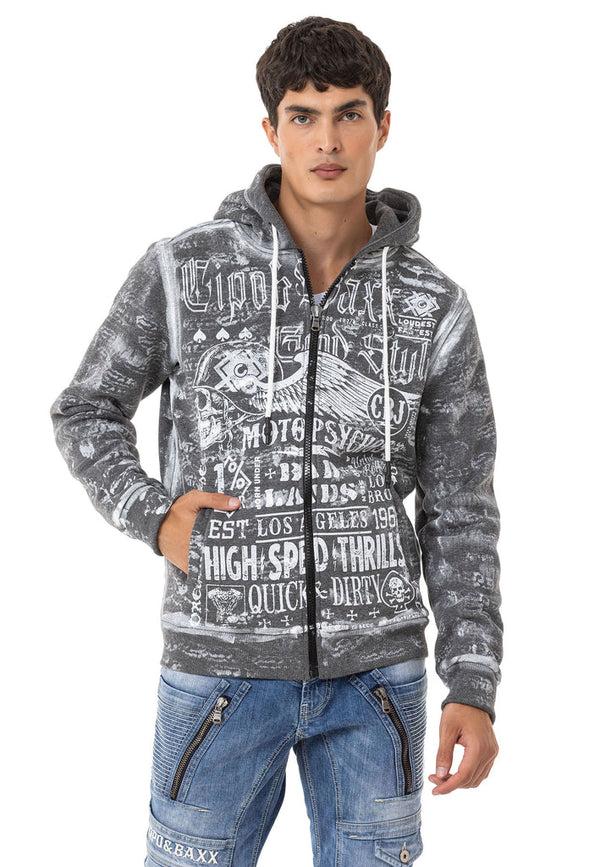 Cipo & Baxx CL544 Biker Style Printed Men's Zip Sweatshirt BLACK