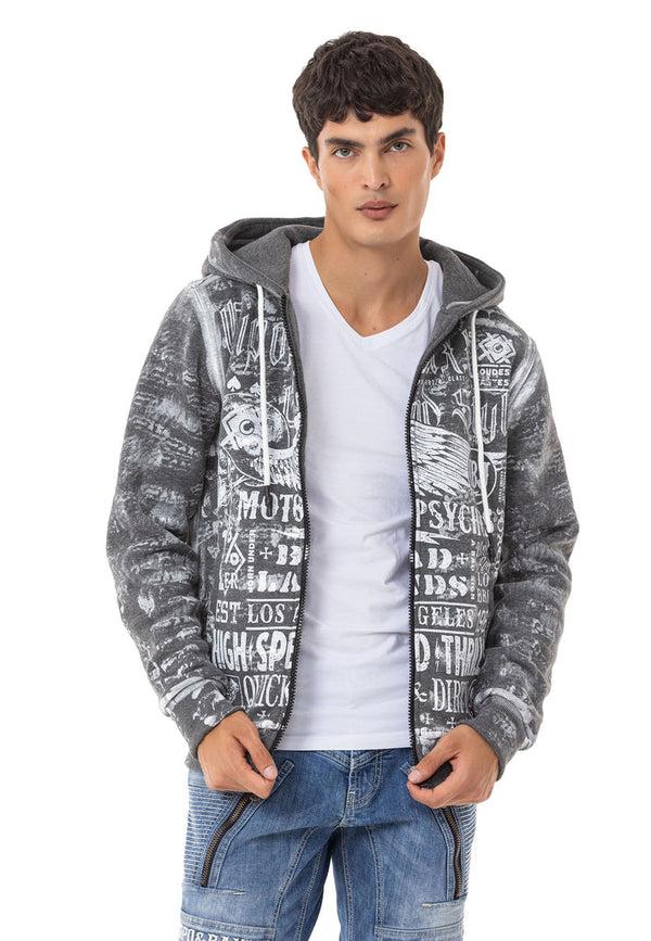 Cipo & Baxx CL544 Biker Style Printed Men's Zip Sweatshirt BLACK