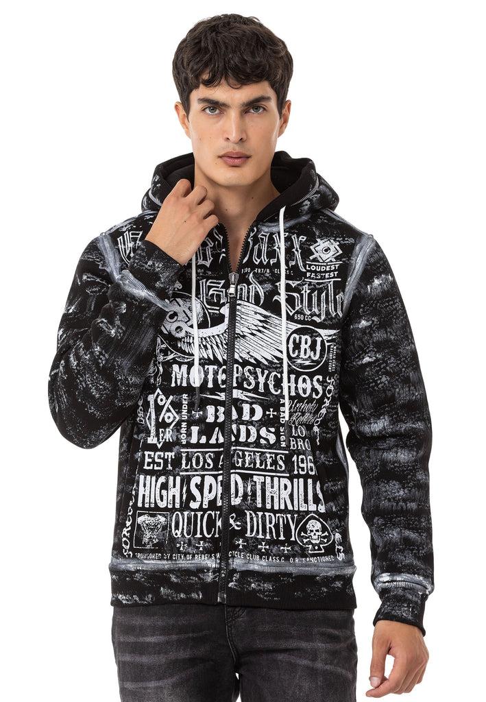 cipo & baxx CL544 Biker Style Printed Men's Zip Sweatshirt BLACK