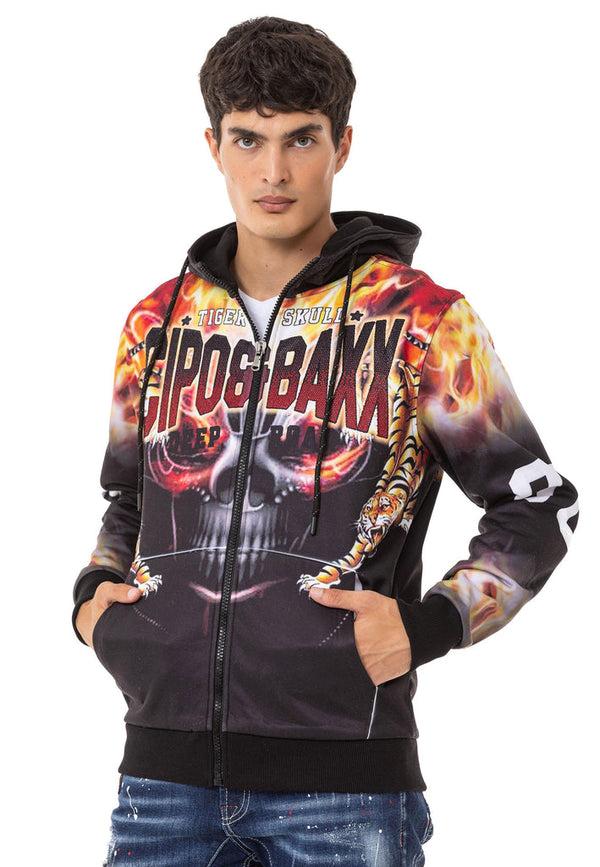 Cipo & Baxx CL546 Skull And Flame Printed Men's Zip Sweatshirt BLACK