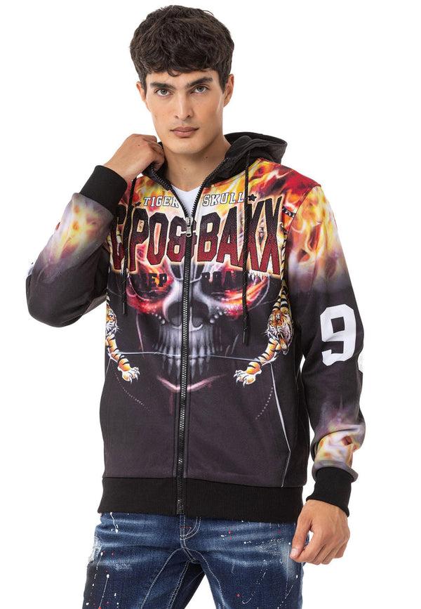 Cipo & Baxx CL546 Skull And Flame Printed Men's Zip Sweatshirt BLACK