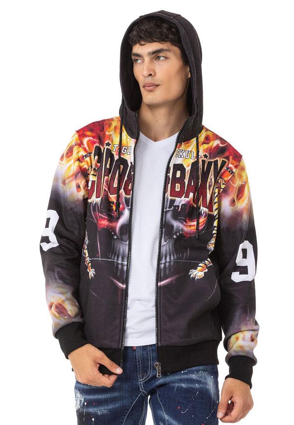 Cipo & Baxx CL546 Skull And Flame Printed Men's Zip Sweatshirt BLACK