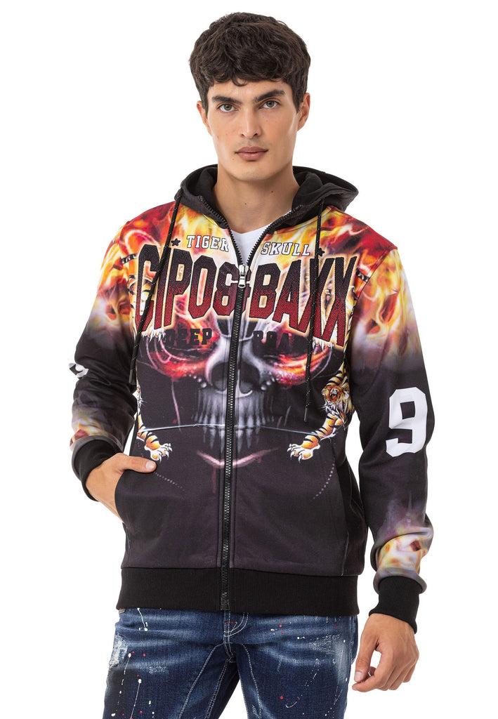 cipo & baxx CL546 Skull and Flame Printed Men's Zip Sweatshirt BLACK