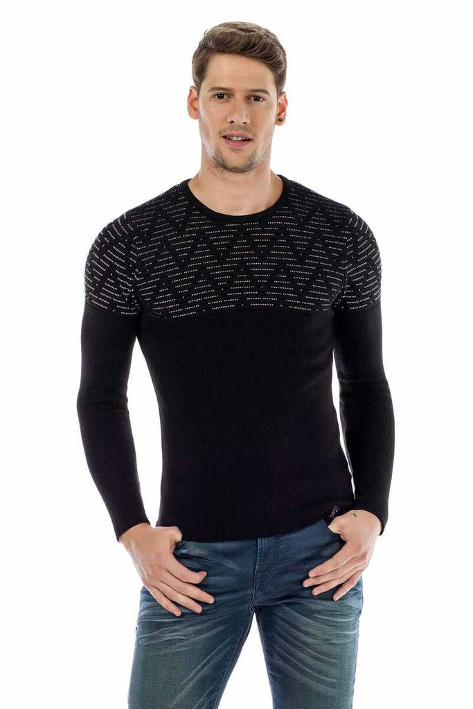 cipo & baxx CP170 Crew Neck Patterned Slim Fit Men's Knitwear BLACK