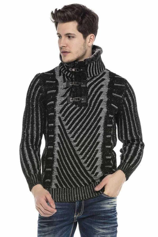 Cipo & Baxx CP212 Textured Thick Patterned Sweater With Fur Collar BLACK-GREY