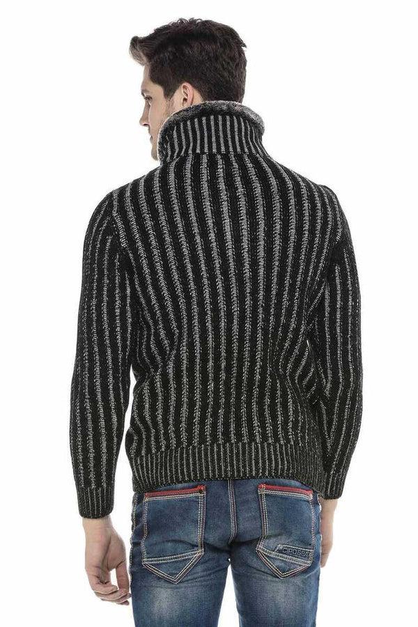 Cipo & Baxx CP212 Textured Thick Patterned Sweater With Fur Collar BLACK-GREY