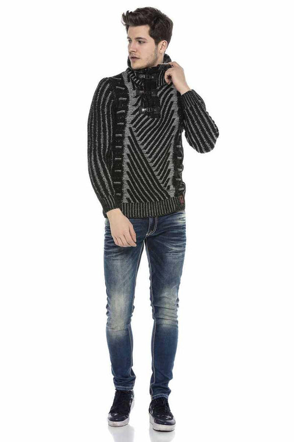 Cipo & Baxx CP212 Textured Thick Patterned Sweater With Fur Collar BLACK-GREY