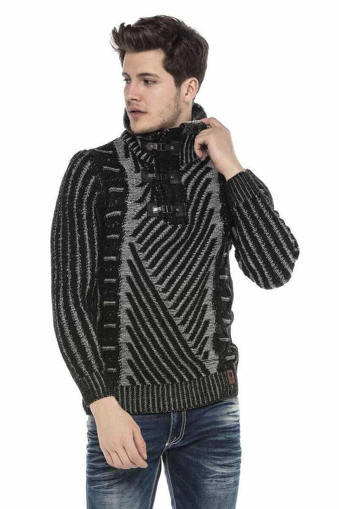 cipo & baxx CP212 Textured Thick Patterned Sweater with Fur Collar BLACK-GREY
