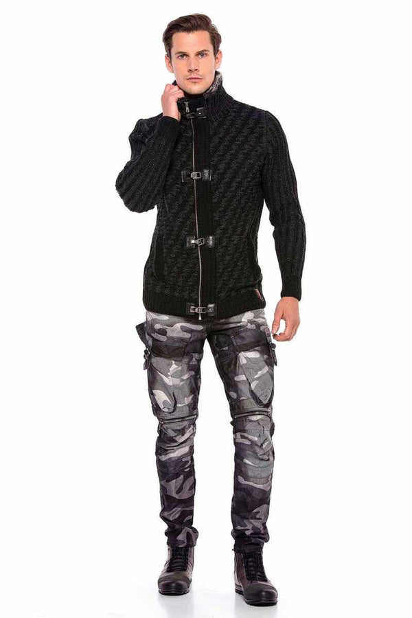 Cipo & Baxx CP213 Fur Collar Zippered Thick Wool Slim Fit Sweater GREY